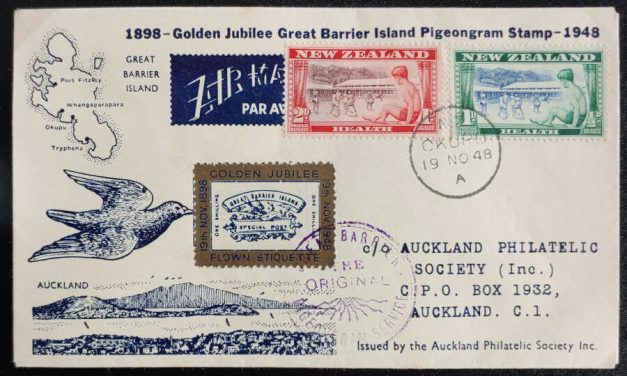N.Z. 19 Nov 1948 Pigeon Gram Golden Jubilee Cover w/ etiquette