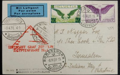 Switzerland #C12, C14 8 Apr 1931 Zeppelin Postcard to Palestine (2)