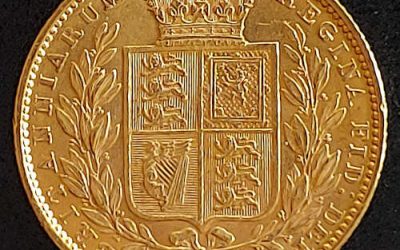 G.B./Colonial Cda XF 1863 Die I QV Gold Sovereign, legend doubling