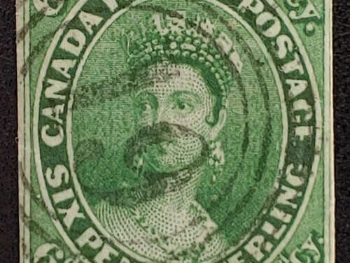 Canada #9 Fine+ 4-ring London 19 Used 1857 7.5d QV shade $2000
