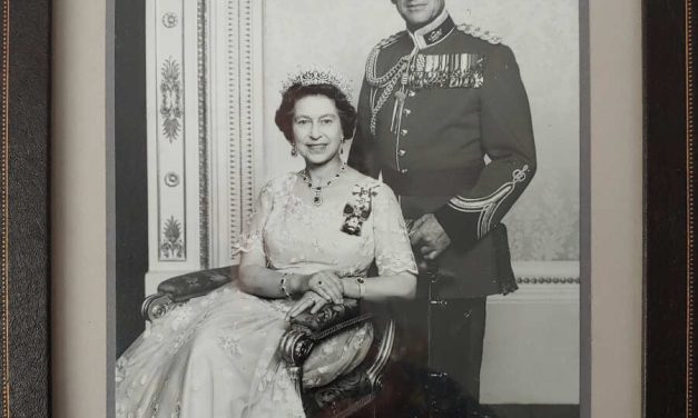 Queen Elizabeth II and Philip signed 1987 9×8.5″ framed photo