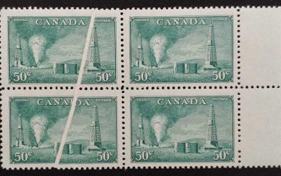 Canada #295 VFNH 1950 50c Oil Wells Preprinting Crease Block (4)