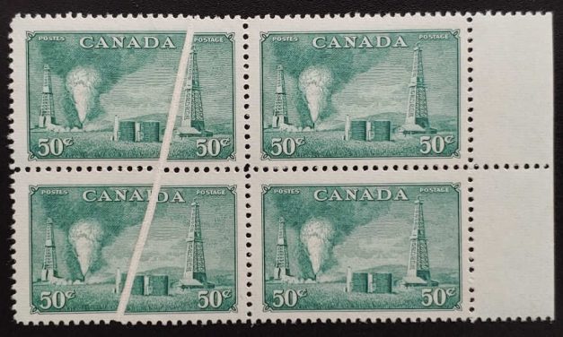 Canada #295 VFNH 1950 50c Oil Wells Preprinting Crease Block (4)