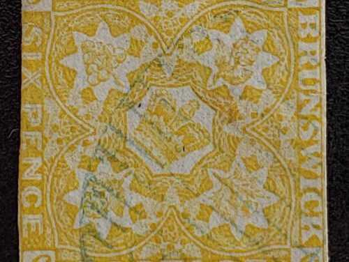 New Brunswick #2 Fine blue numeral 8 Oval Used 1851 6d Olive Yellow