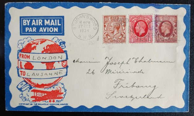 G.B. #189/212 17 Oct 1934 London/Lausanne Flight Cover