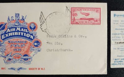 N.Z. 7 Nov 1938 1d Air Mail Exhibition Cover & Snowy Pigeon Gram