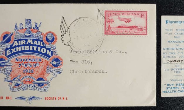 N.Z. 7 Nov 1938 1d Air Mail Exhibition Cover & Snowy Pigeon Gram