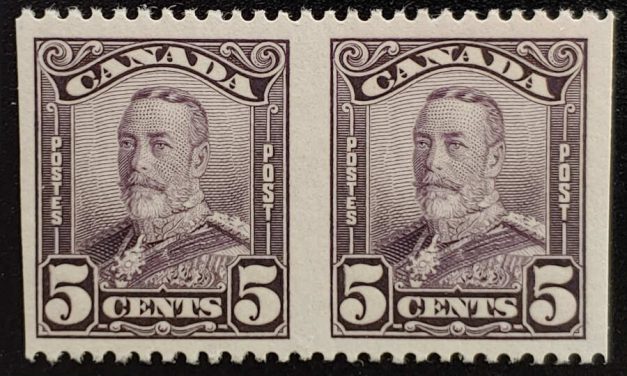 Canada #153d VFNH 1928 5c Perf by Imperf Pair, 250 made