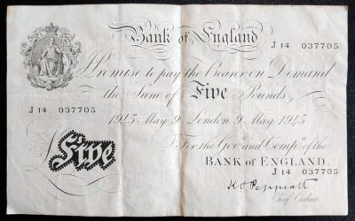Bank of England 9 May 1945 Five Pounds banknote, C&T backstamp