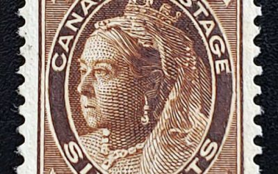 Canada #71 VF Unu 1897 6c QV Leaf, owner’s backstamp