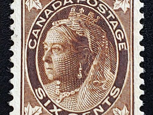 Canada #71 VF Unu 1897 6c QV Leaf, owner’s backstamp