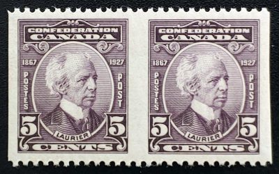 Canada #144b VFNH 1927 5c Perf by Imperf Pair, 250 made