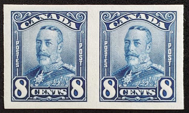 Canada #154a VFNH 1928 8c Scroll Imperforate Pair, 250 made