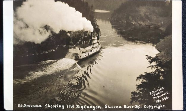 S.S. Omineca shooting the Skeena River 25 Nov 1921 3c Postcard