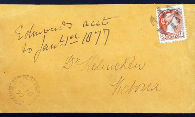 New Westminster 16 Feb 1877 3c SQ Helmcken Cover to Victoria