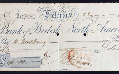 Bank of B.N.A. 2 May 1860 Victoria, V.I. $40 William Newbury Cheque