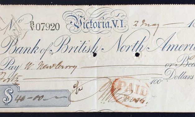 Bank of B.N.A. 2 May 1860 Victoria, V.I. $40 William Newbury Cheque