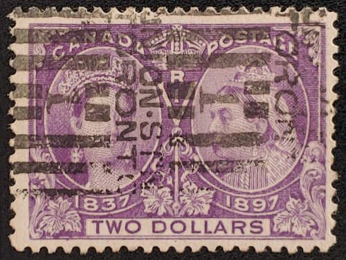 Canada #62 Fine+ Used 1897 $2 Jubilee, roller cancel