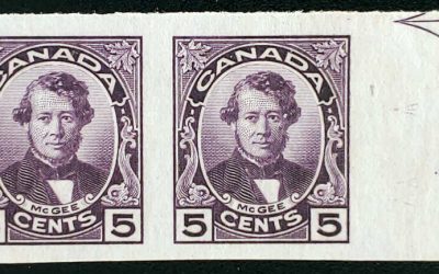Canada $#146a VF Unu 1947 5c cutting guide arrow Imperf Pair