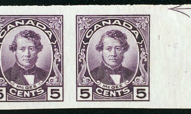 Canada $#146a VF Unu 1947 5c cutting guide arrow Imperf Pair