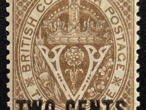 British Columbia #8 VF Mint HR 1867/71 2c on 3d, owner’s b/s
