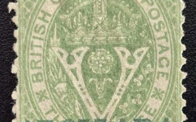 B.C. #18 blue 35 Victoria Used 1869 $1 on 3d, usual sht perfs