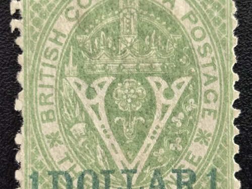 B.C. #18 blue 35 Victoria Used 1869 $1 on 3d, usual sht perfs