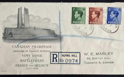 G.B. 1 Sep 1936 Vimy Cdn Pilgrimage Registered FDC to combatant