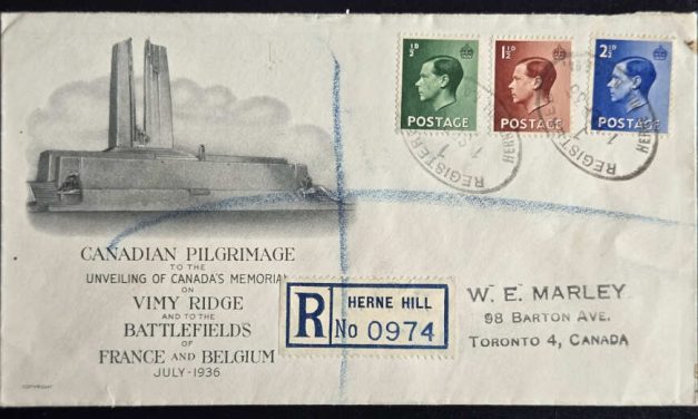 G.B. 1 Sep 1936 Vimy Cdn Pilgrimage Registered FDC to combatant