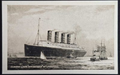 RMS Mauretania at Liverpool Unu artist-signed Cunard Postcard