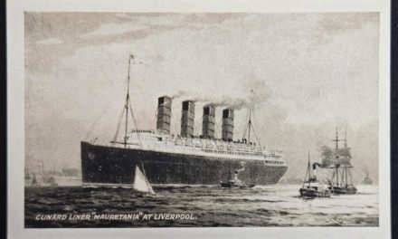 RMS Mauretania at Liverpool Unu artist-signed Cunard Postcard