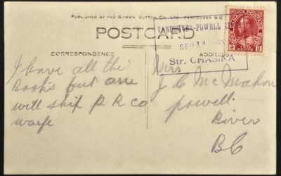 Vancouver-Powell River 14 Sep 1923 Str. Chasina 2c RPPC