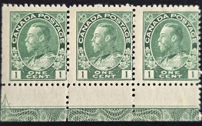 Canada #104LW Fine Mint 1 NH 1916 1c Admiral Lathework strip