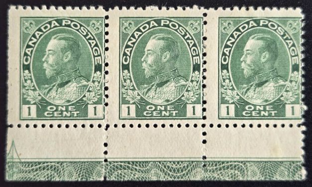 Canada #104LW Fine Mint 1 NH 1916 1c Admiral Lathework strip