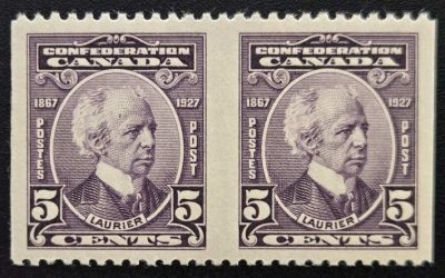 Canada #144b VF Mint 1927 5c Laurier Perf by Imperf Pair