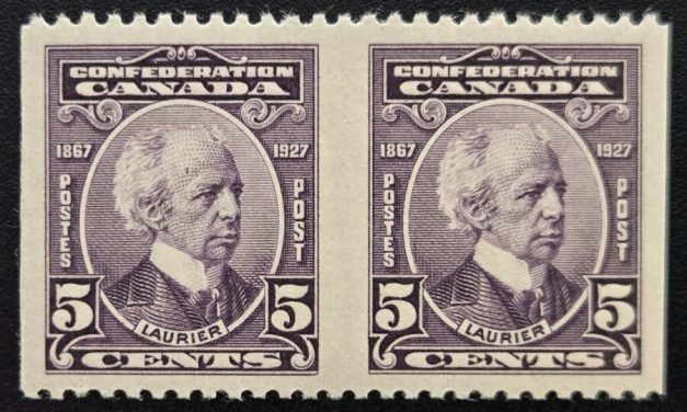 Canada #144b VF Mint 1927 5c Laurier Perf by Imperf Pair
