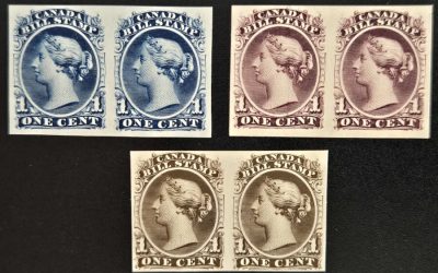 Canada #FB18P VF 1865 1c Bill Stamp Trial Colour Plate Proof Pair trio