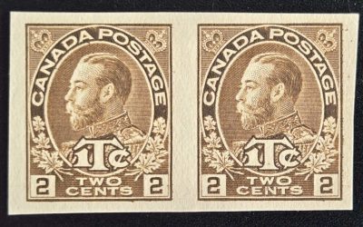 Canada #MR4b VF Unu 1915 2c + 1c War Tax Imperf Pair, NGAI