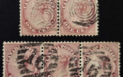 Canada #14, 14b Fine+ Used 1859 1c Pair and strip of three