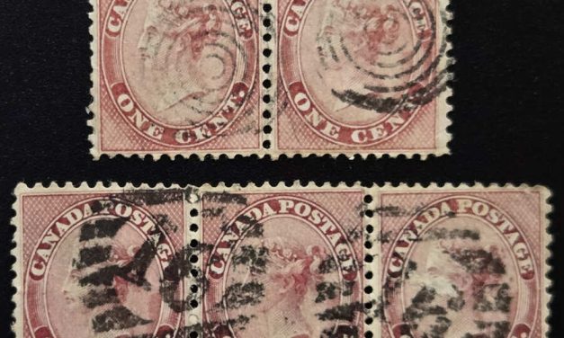 Canada #14, 14b Fine+ Used 1859 1c Pair and strip of three