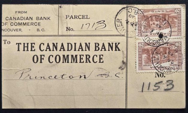 Canada #231/245 4 Sep 1940 Commerce Bank $2.85 B.C. Parcel Tag