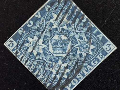 Nova Scotia #3 VF Used 1851 3d Dark Blue, expert b/s