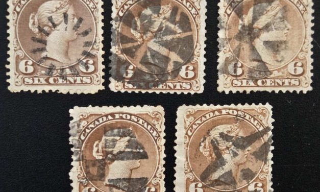 Canada #27 Fine fancy cork Used 1868 6c LQ quintet