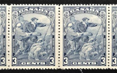 Canada #208iv F/VF middle 2 NH 1934 3c Cartier wide gutter strip (4)