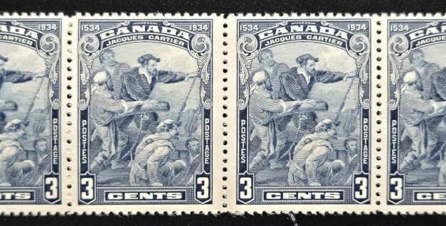 Canada #208iv F/VF middle 2 NH 1934 3c Cartier wide gutter strip (4)