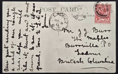 Burrvilla, B.C. RF E 9 Nov 1911 1d Hastings Wave Postcard