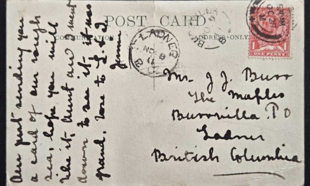Burrvilla, B.C. RF E 9 Nov 1911 1d Hastings Wave Postcard