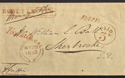 Montreal, L.C. 29 May 1852 Too Late Paid 3 Stampless Money Letter