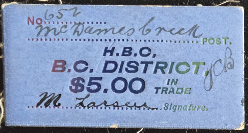 H.B.C. McDames Creek Post pre-1926 $5 Card Money ex Hodgkinson