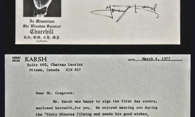 Yousuf Karsh signed 12 Aug 1965 5c Churchill FDC w/ 1979 note